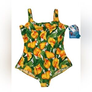 Speedo Women’s Chlorine Resistant Yellow Green Floral One-Piece Swimsuit 22 NWT